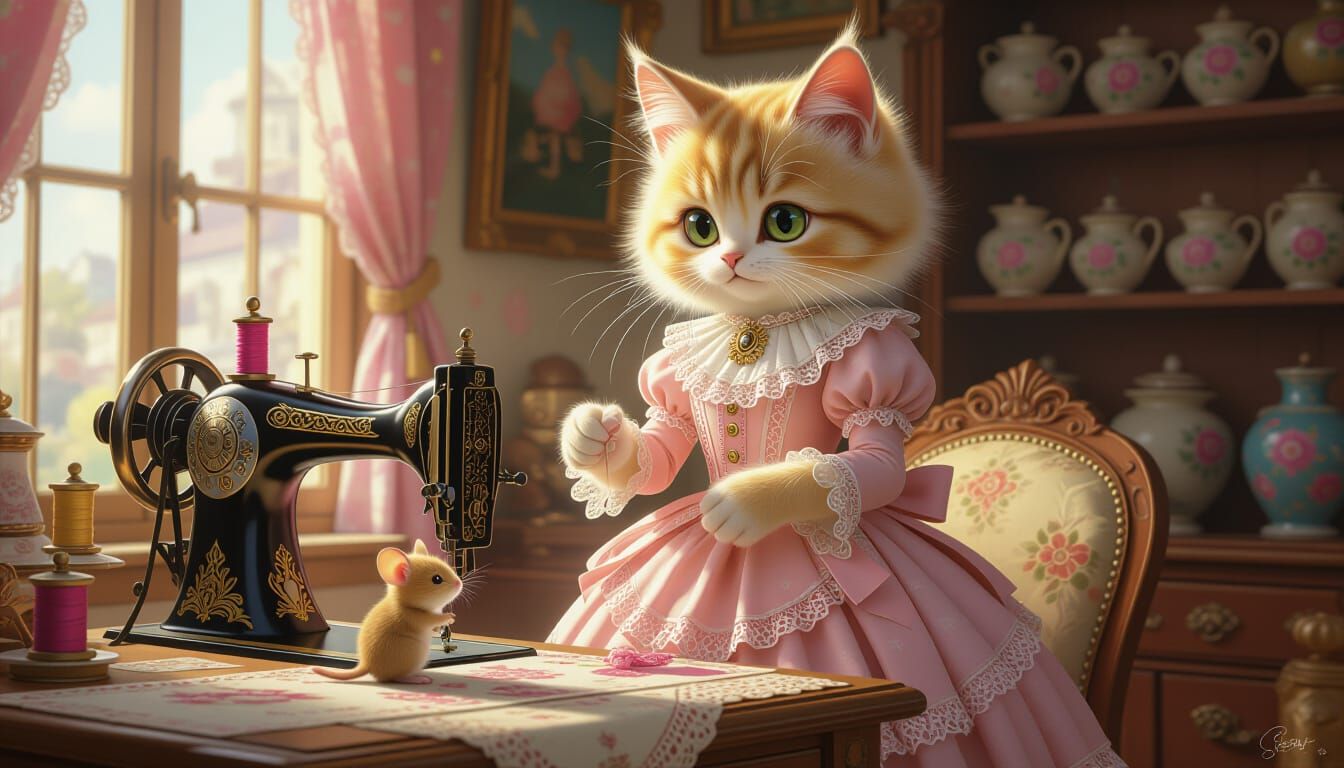 Cat Seamstress Creates Victorian Dress for Mouse