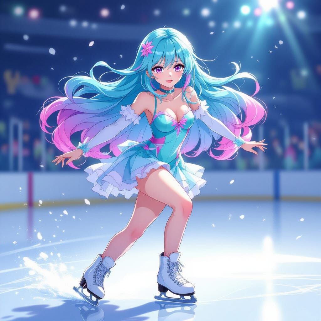 Anime Ice Skater With Flowing Teal Pink Hair