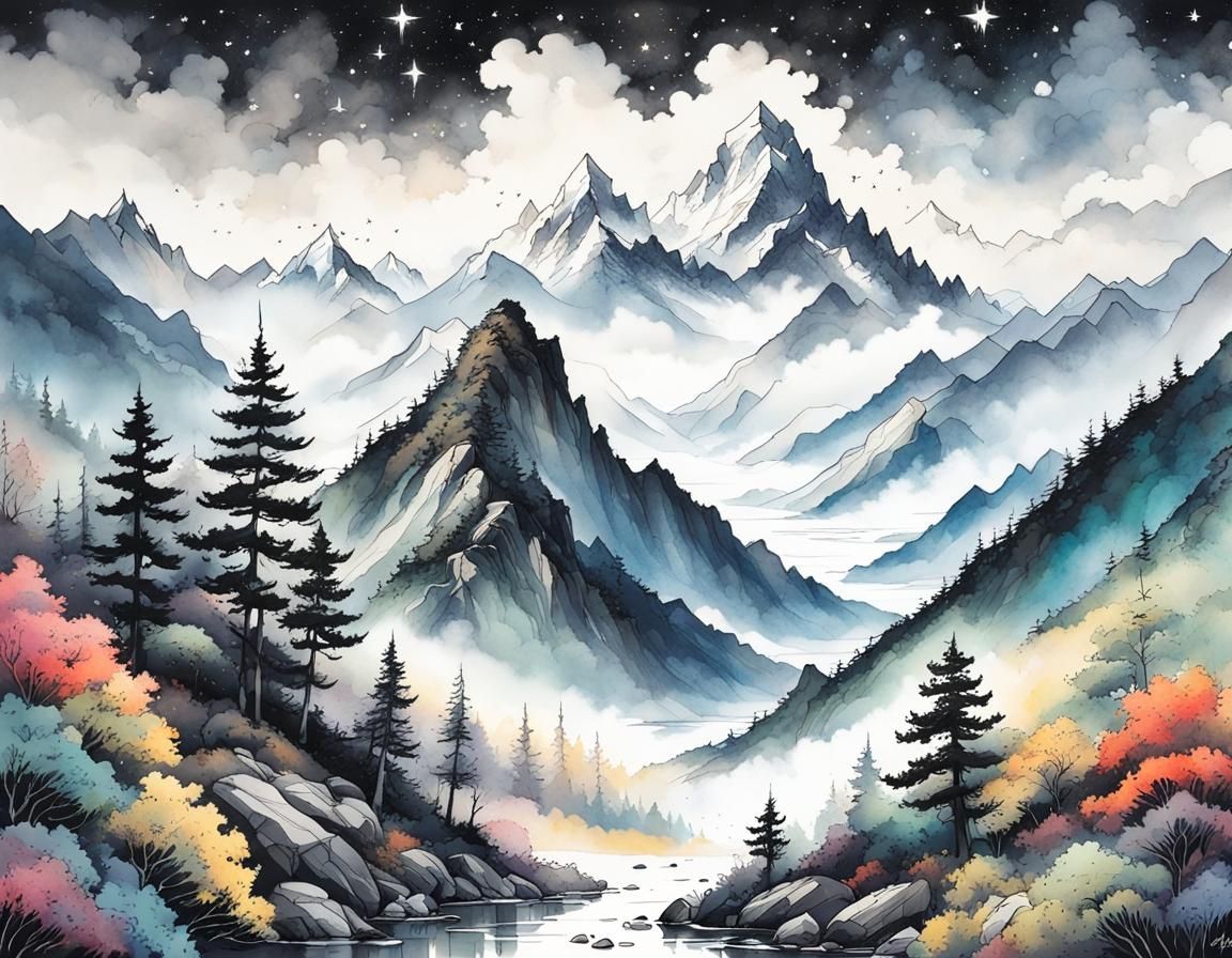 Himalayas Under Stars: Ink Painting Landscape