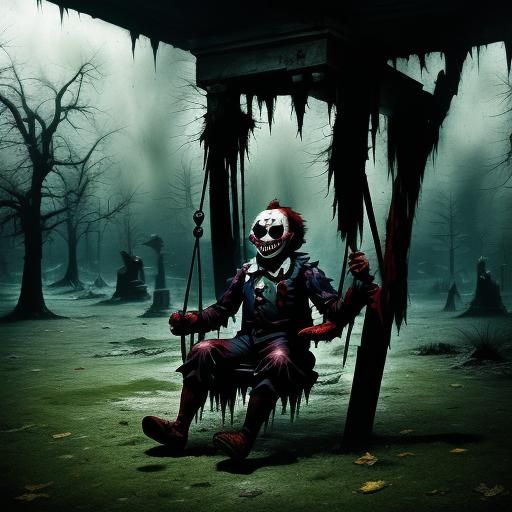 Eerie Clown on a Swing in a Park