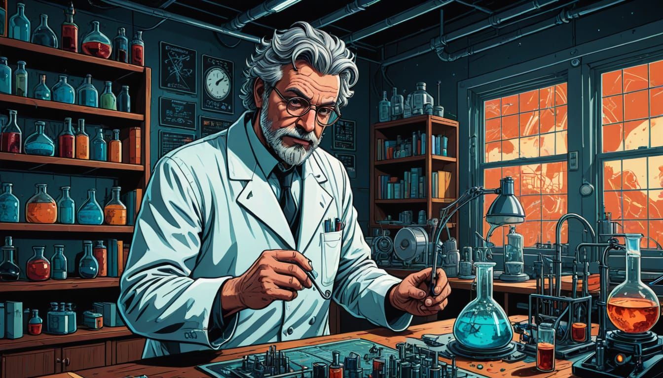Mad Scientist in a Retro Lab, in Classic Comic Book Style