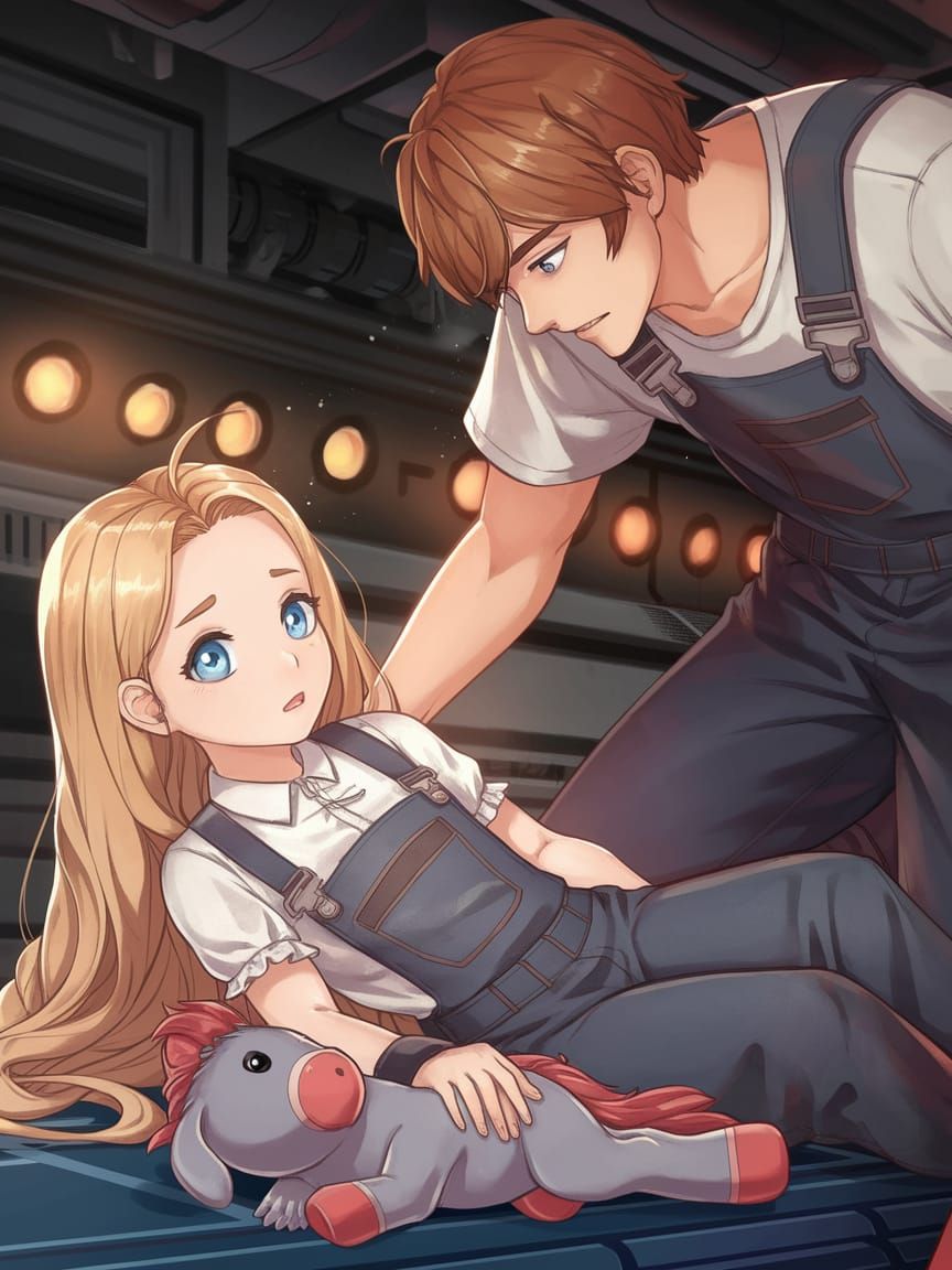 Concerned Young Man in Manga-Style Space Engine Room