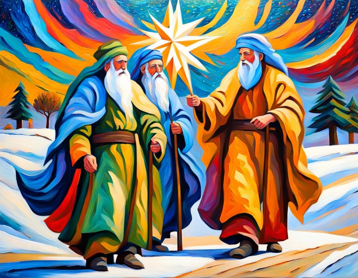 Three Wise Men and Star in Expressionist Oil