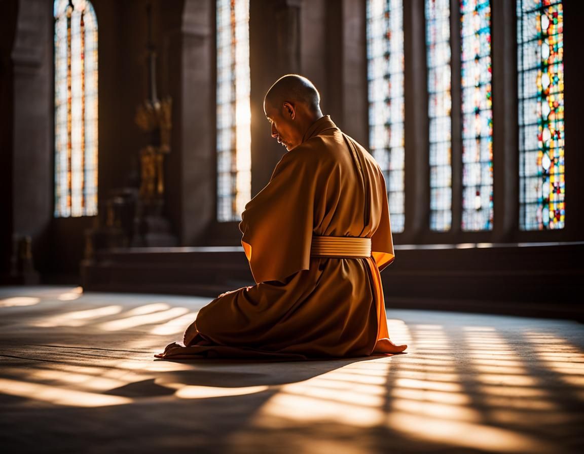 Monk Kneeling in Church Sunlight