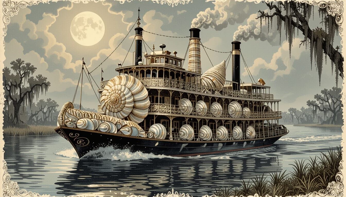 Shell Steamer on the Mississippi: Victorian Lithograph