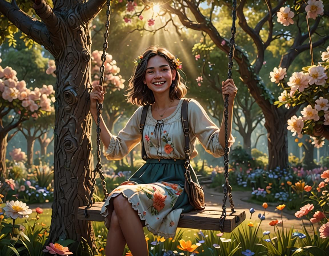 Girl on a Swing in Sunrise Flower Garden