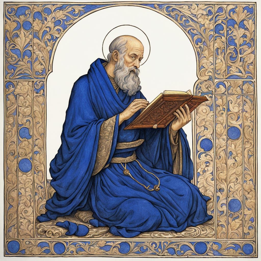 Monk Illuminating Manuscript in Art Nouveau Style
