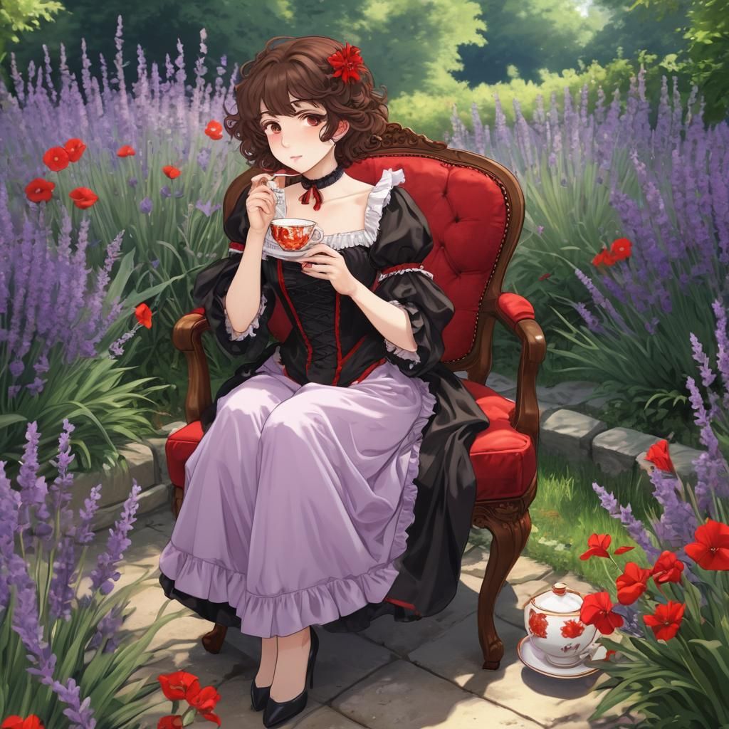 Elegant Vampire Maiden in Renaissance Dress Sips Tea in Lave...