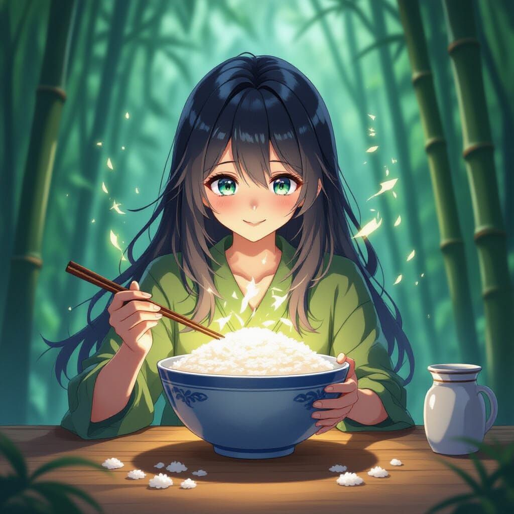 Magical Glowing Rice Bowl in Anime Style