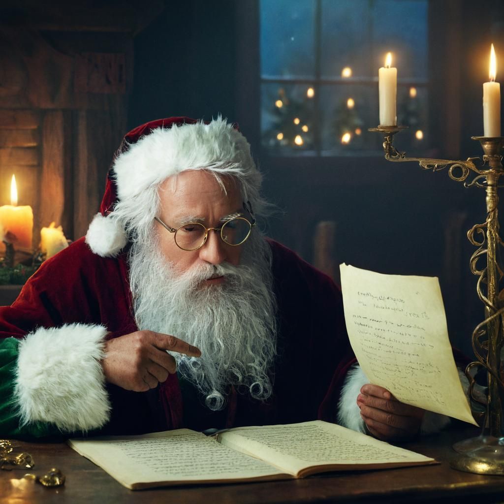 Father Christmas Reads Wish Lists by Candlelight in a Warm,....