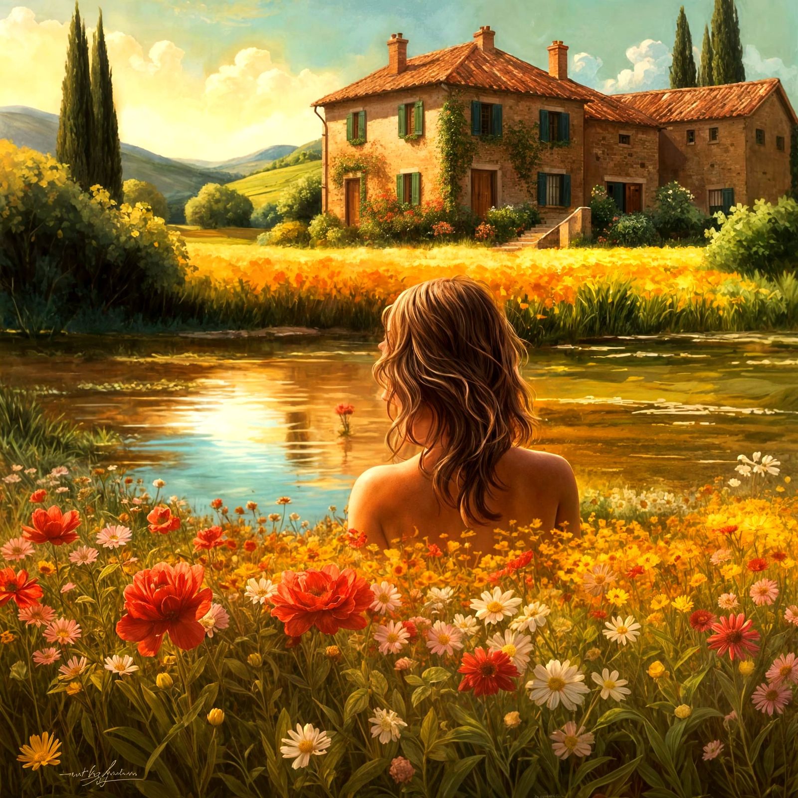 Tuscan Farmhouse with Bathing Women: Hyperrealistic Splash A...
