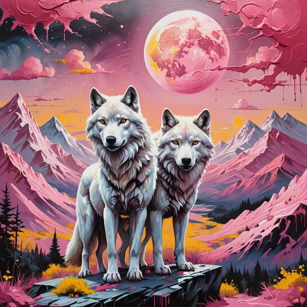 Two white wolves with yellow eyes standing in front of pink mountains and a pink moon