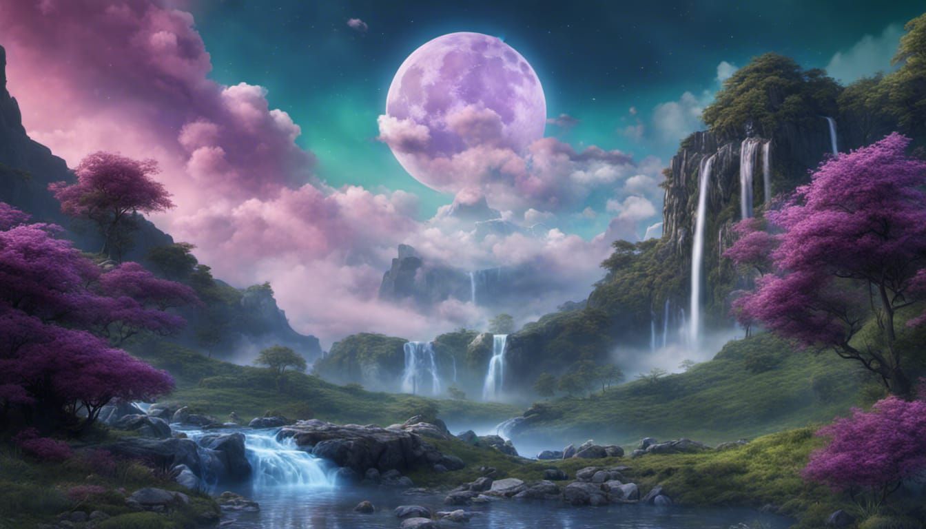 Fantasy Waterfalls Flowing from Clouds in Dreamscape