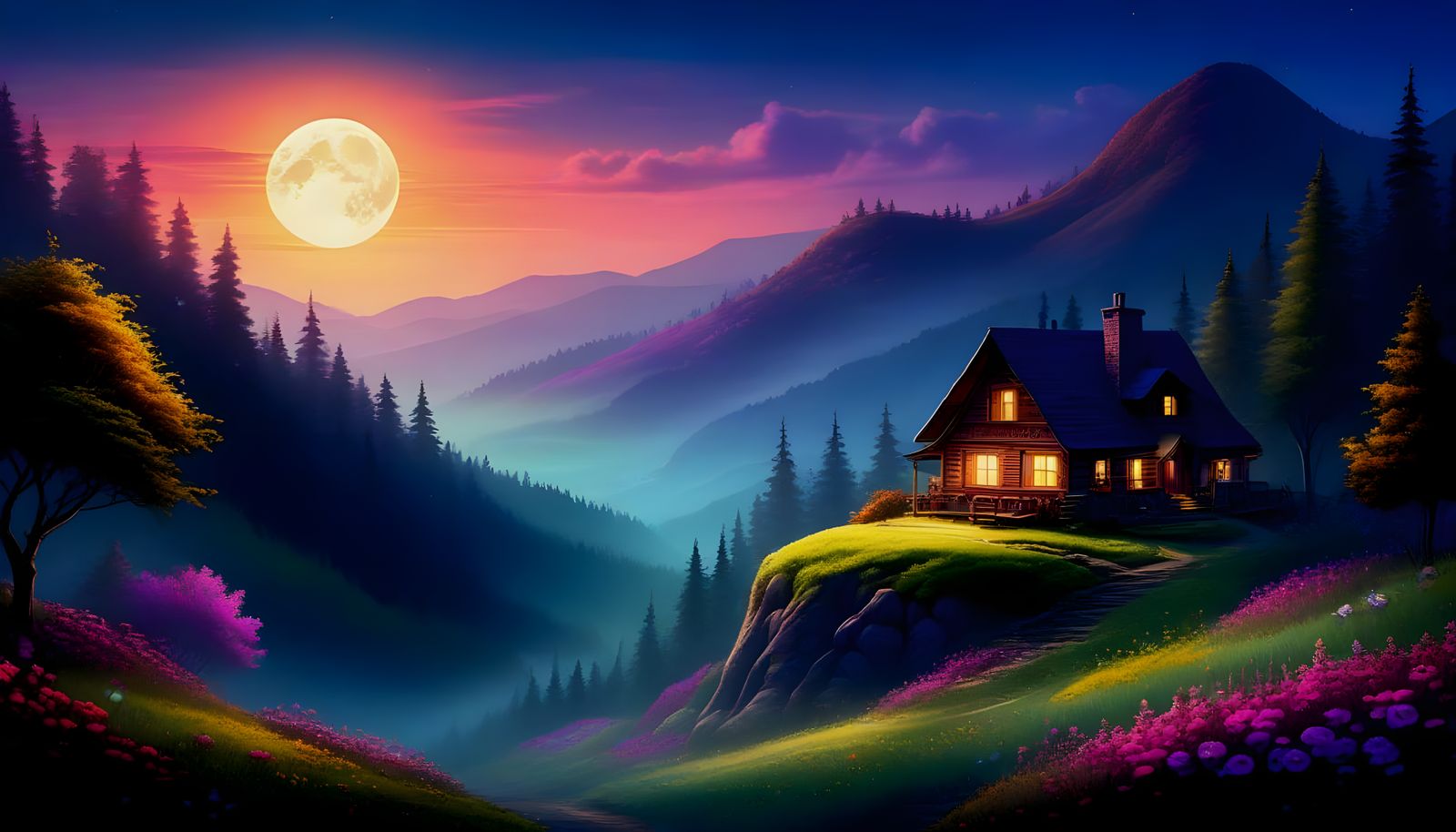 Whimsical Hillside House under Iridescent Moonlight