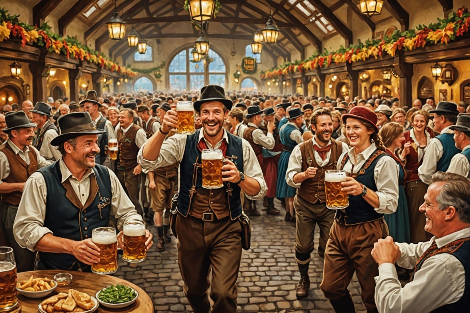 Oktoberfest Scene with Bustling Beer Halls and Bavarian Dres...