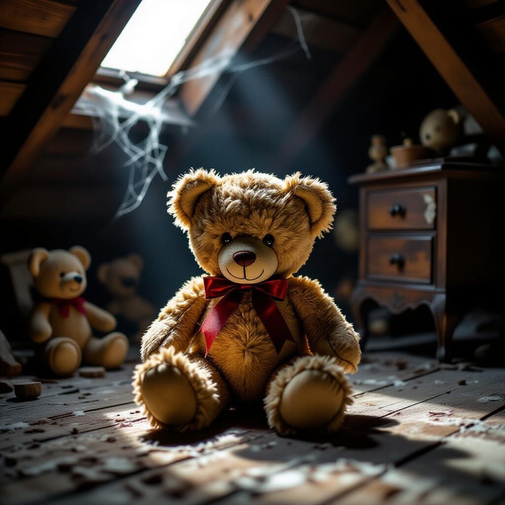 Tattered Teddy Bear in Moonlit Attic