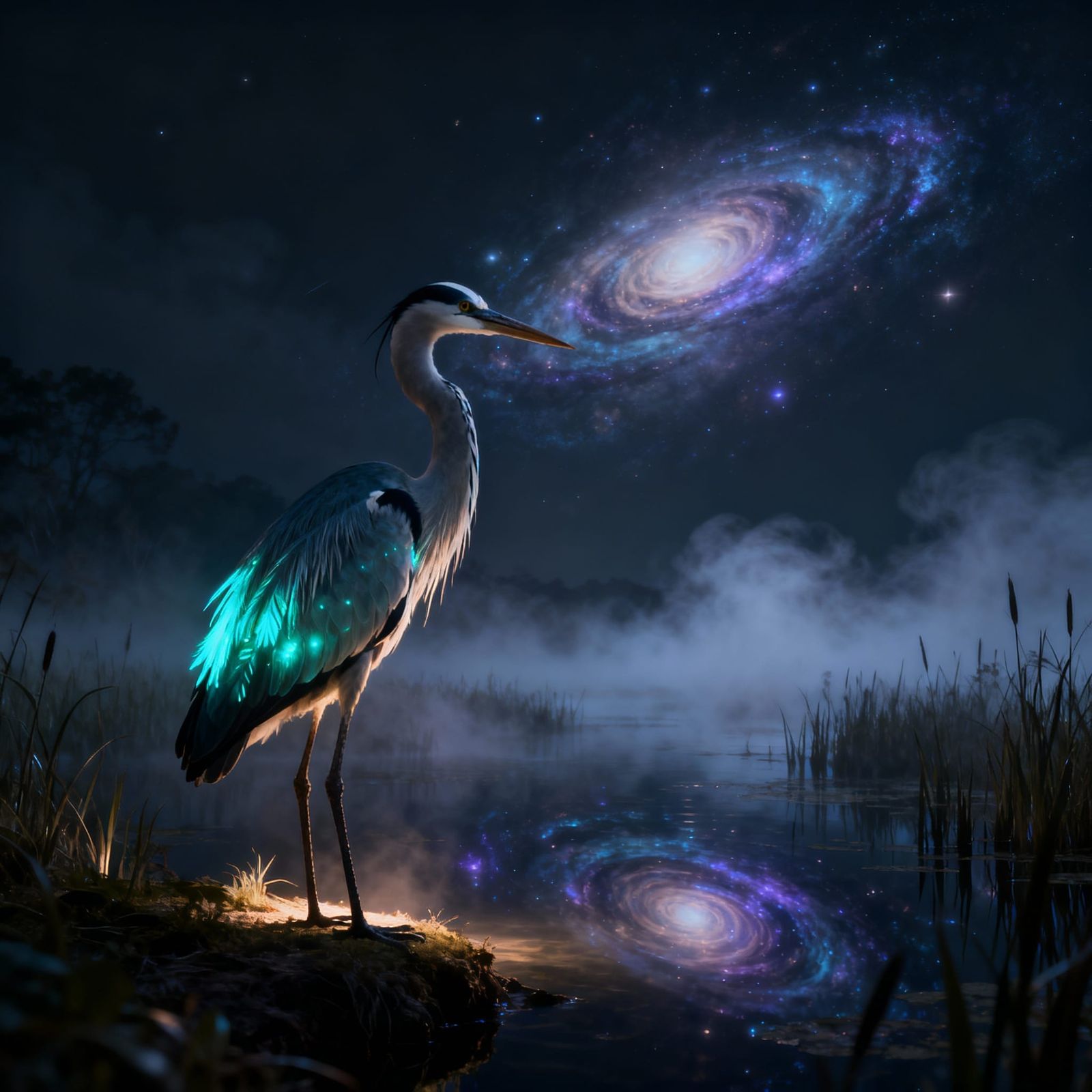 Bioluminescent Heron in Ethereal Marsh with Nebula Reflectio...