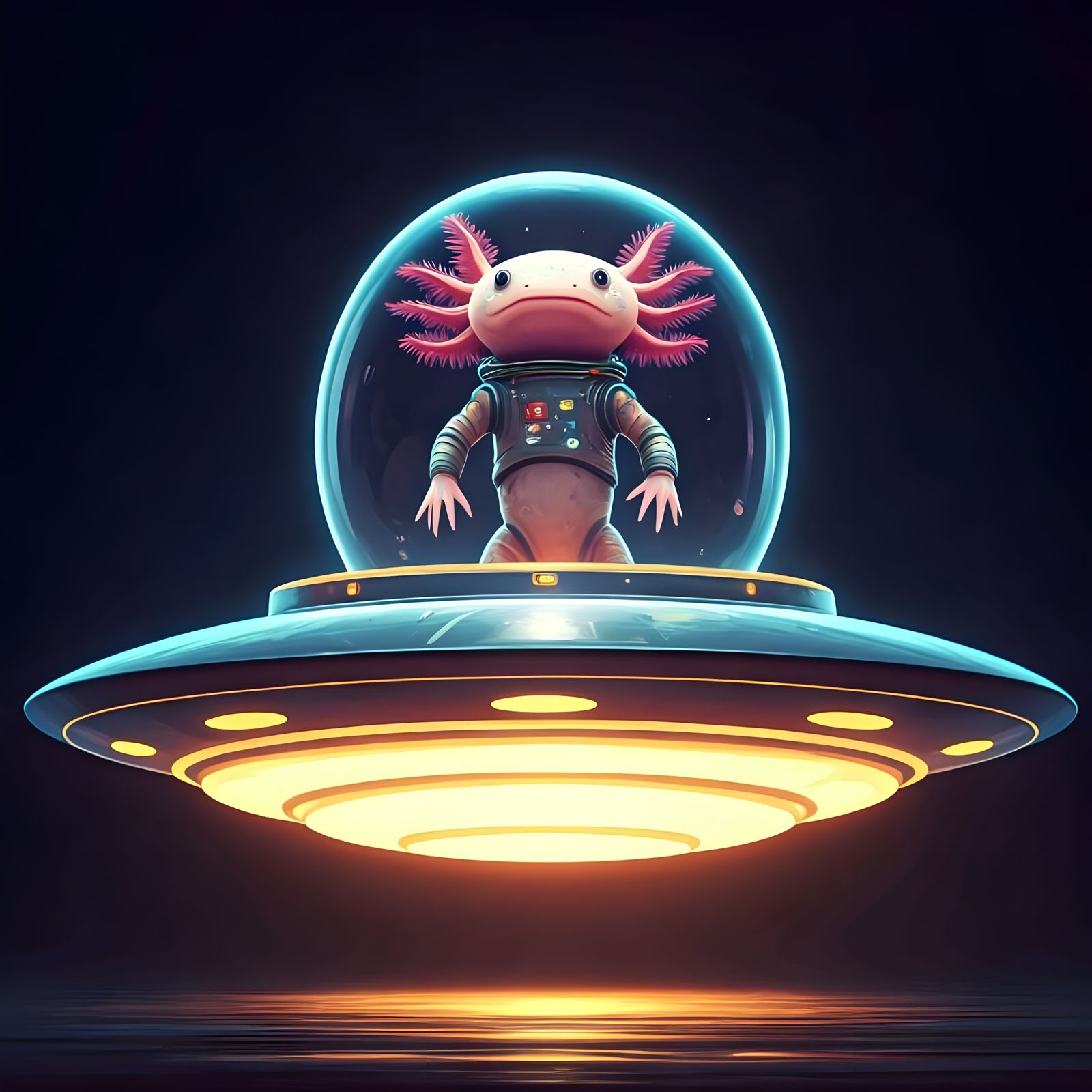 Axolotl Stepping Out of U.F.O. in Epic Anime Style