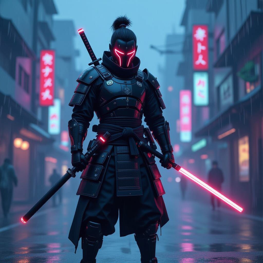 Cyberpunk Samurai Lifting Neon Barbell in Rainy Cityscape