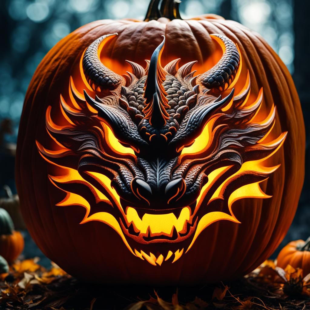 Majestic Dragon Face Carved into Pumpkin, Double Exposure Ar...