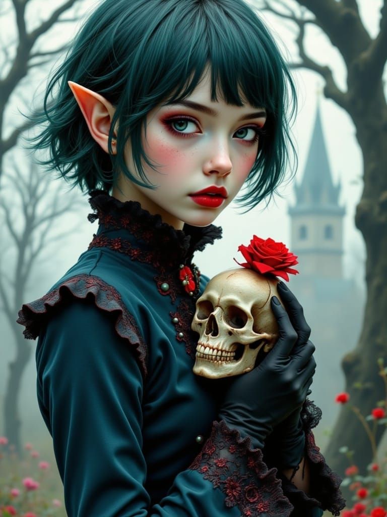 Darkly Whimsical Vampire Elf in Gothic Elegance