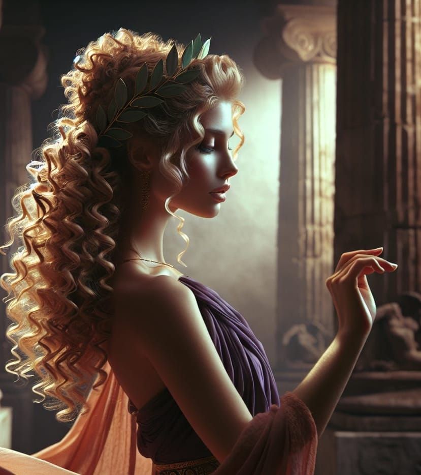 Terpsichore, Muse of Dance, in Ancient Greek Temple