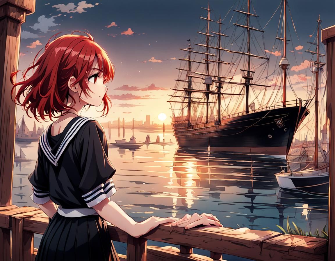 Anime Girl at Harbor with Sailing Ships