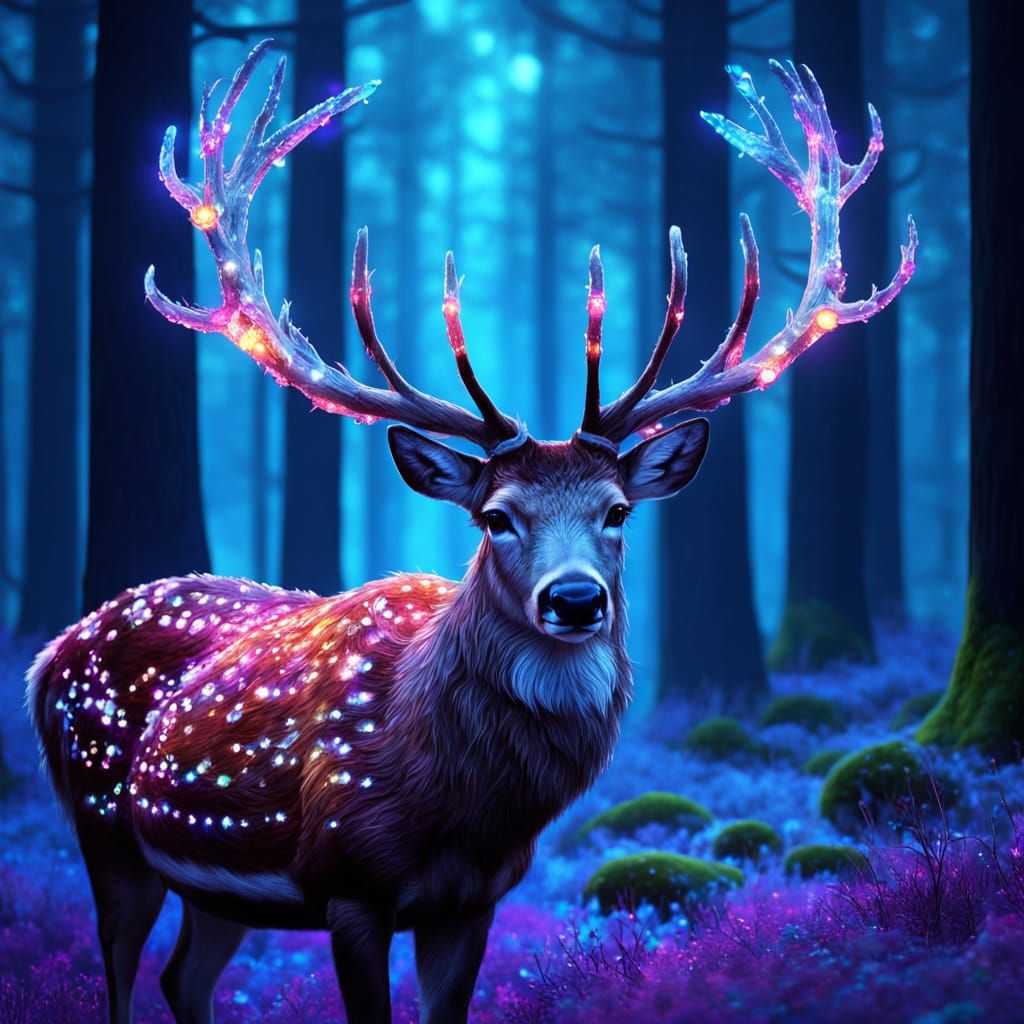 Crystal Deer in Moonlit Forest: Fantasy Art