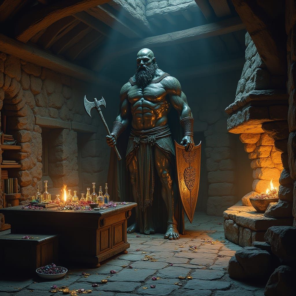 Majestic Bronze Golem Guards Treasure Chamber in Rustic, Dim...