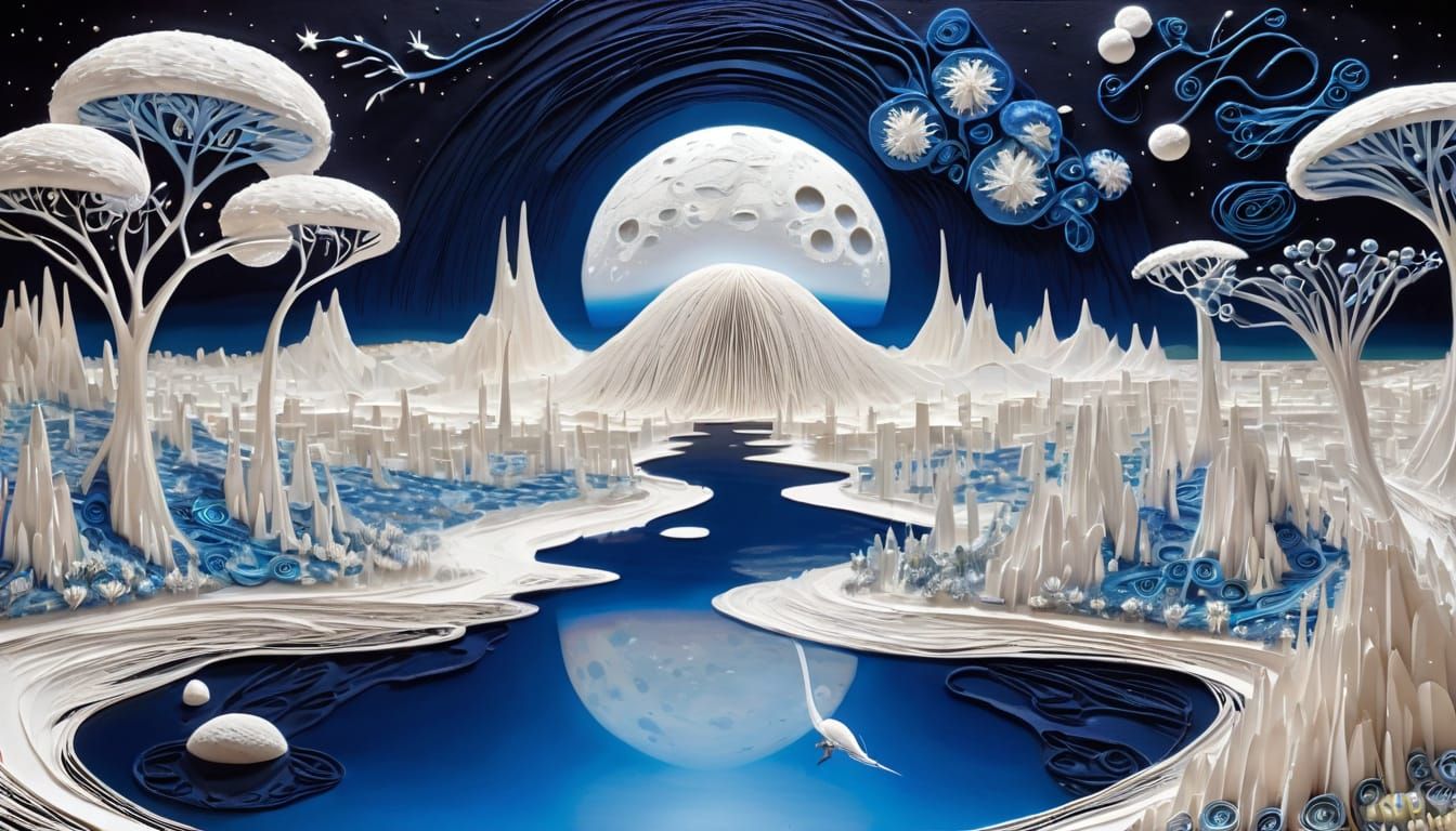 Embroidered Portrait with Cosmic City and Nature