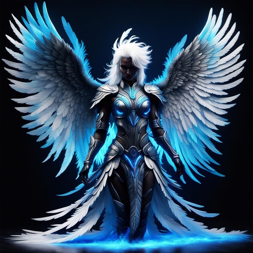 Winged Valkyrie in Neon Chrome: Digital Art