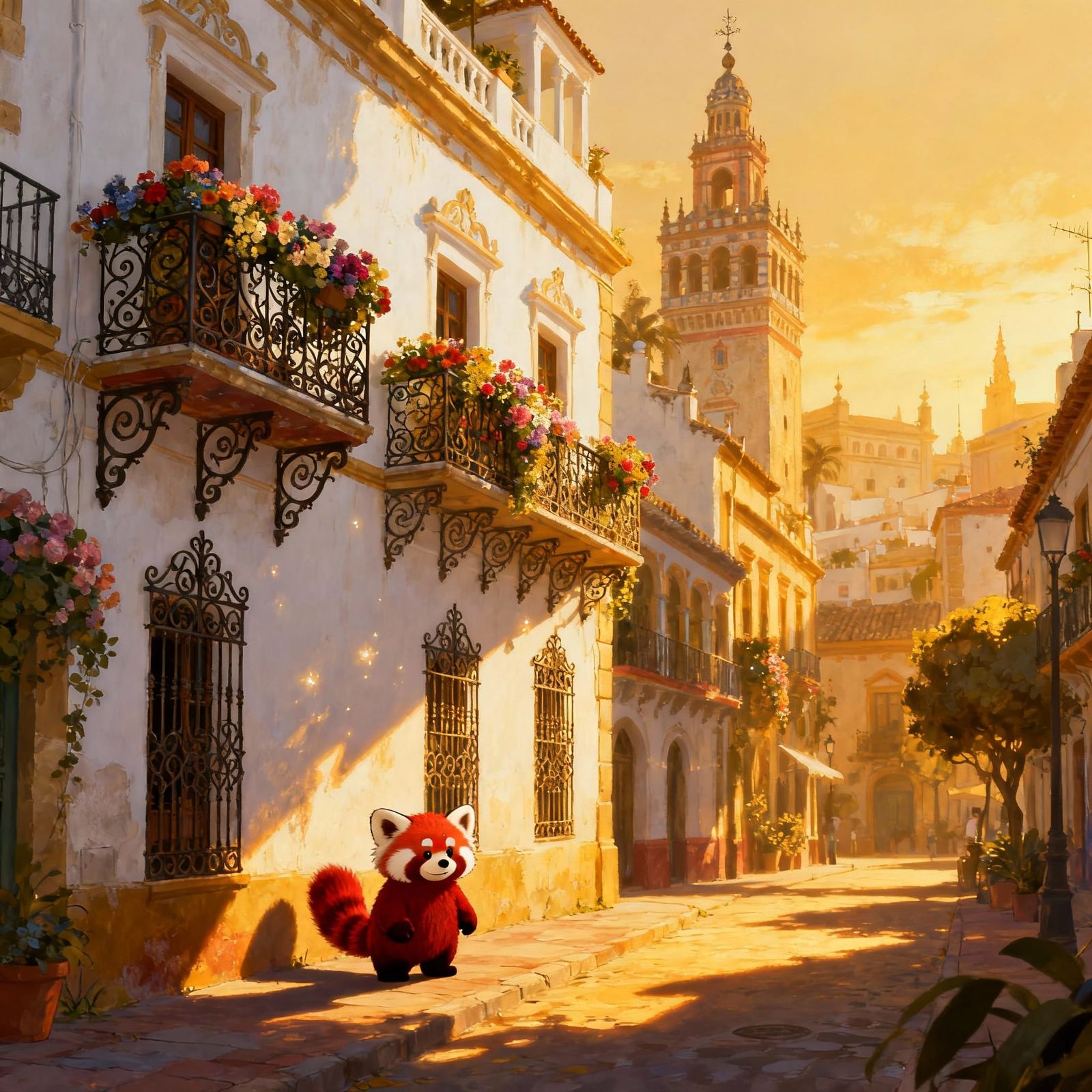 Whimsical Red Panda City in Golden Afternoon Light