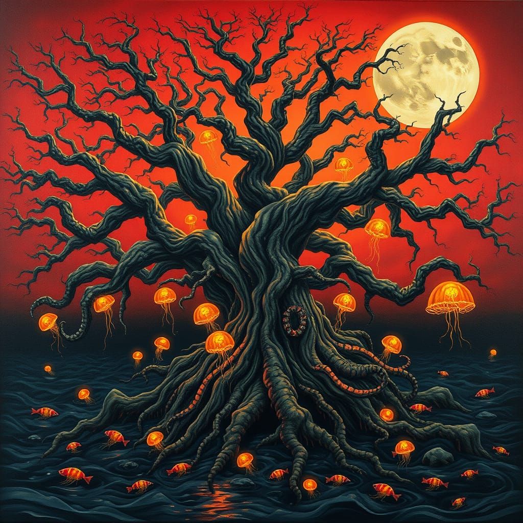 Surrealist Oak Tree Transforms into Ethereal Octopus Form in...