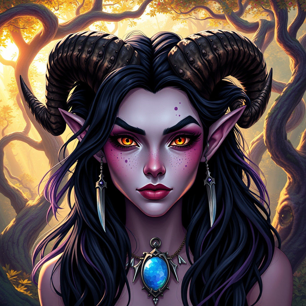 Tiefling Woman Portrait in a Magical Forest