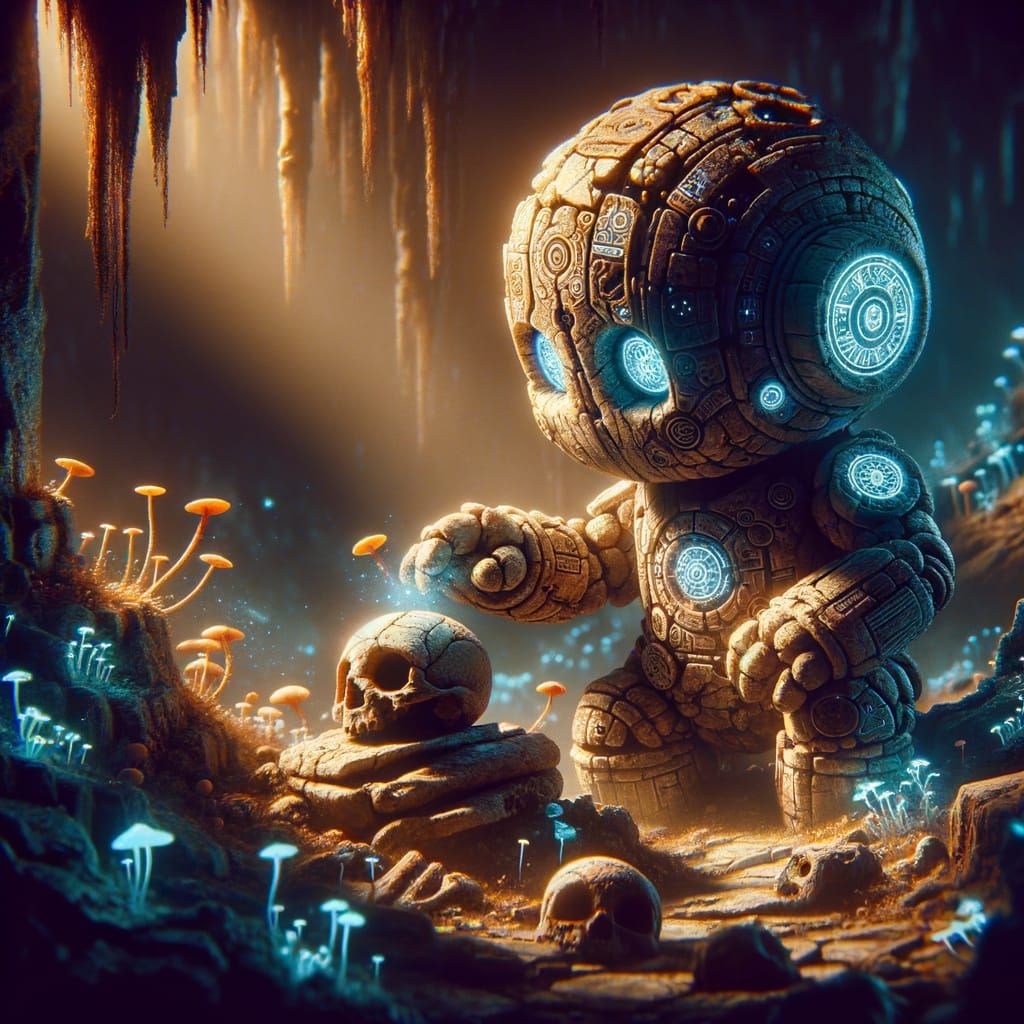 Chibi Golem Explores Fossil Cave in Dark Fantasy Style