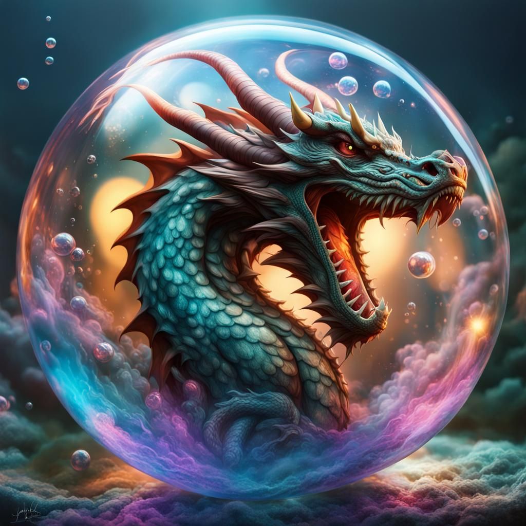 Angry Dragon Trapped in Enchanted Bubble: Hyperrealistic Art
