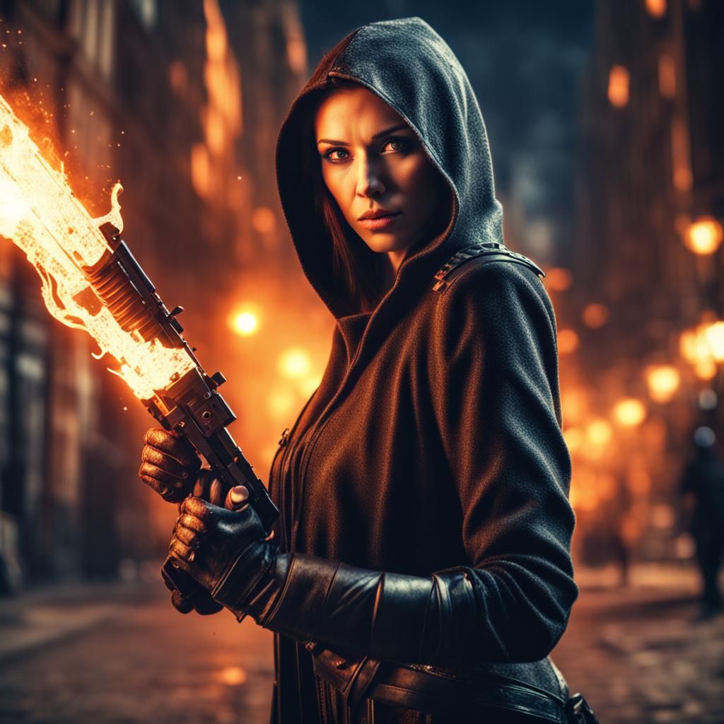 Assassin Woman with Fire Weapon in City
