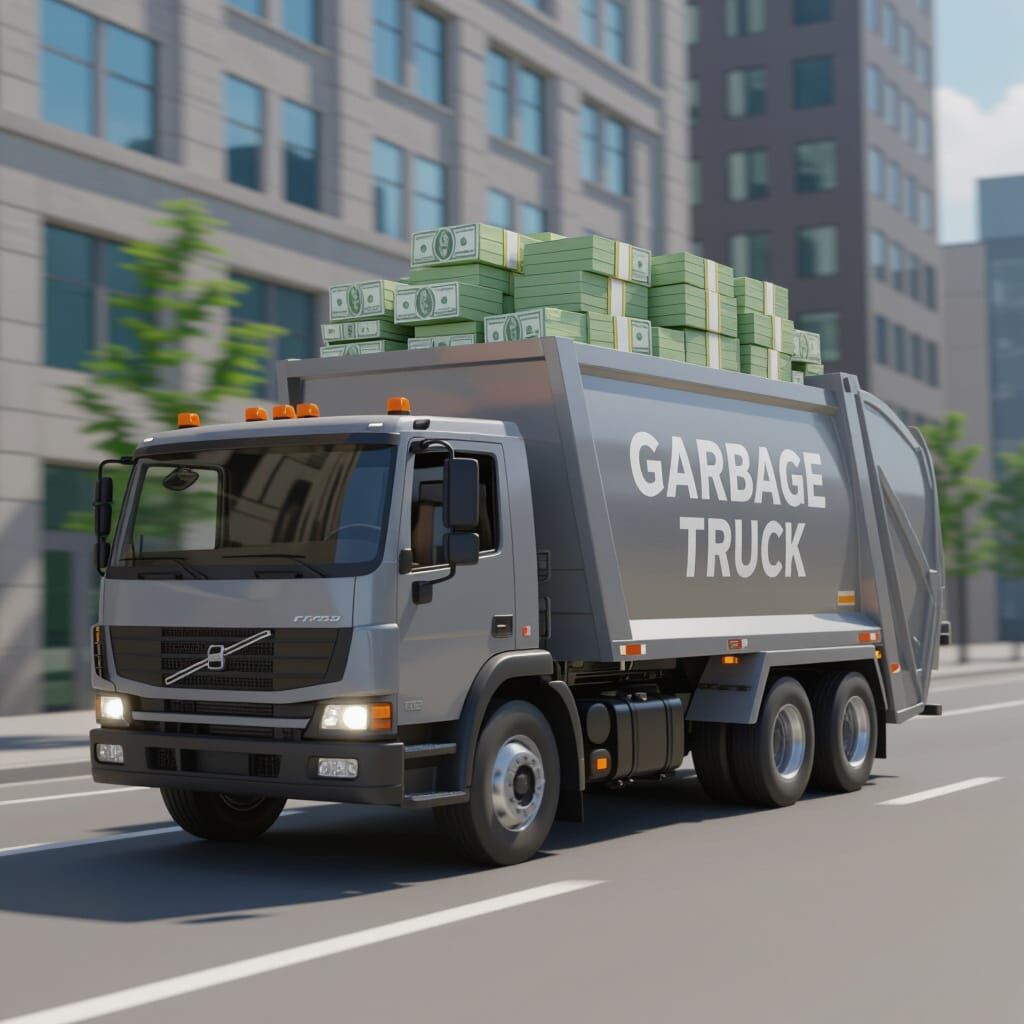 Gray Garbage Truck Filled With Dollars Driving Urban Road