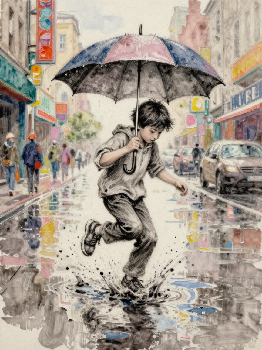 Urban Kid Splashes in Rain Puddle Gouache Painting