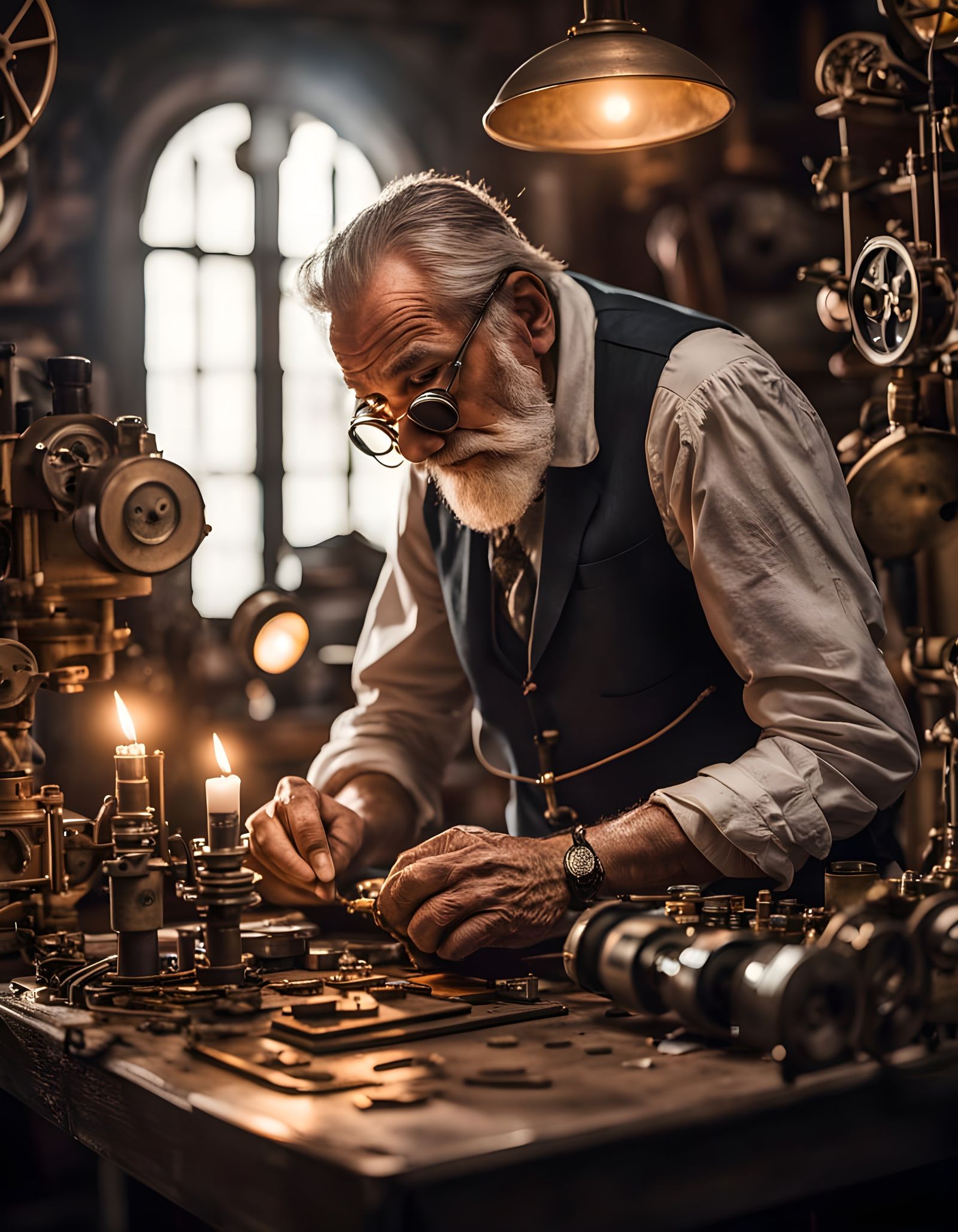 Steampunk Inventor in Cluttered Workshop