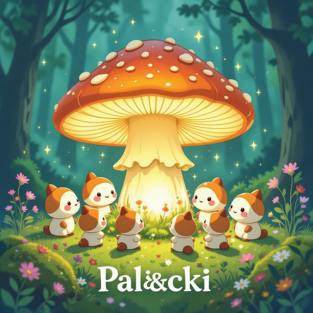 Whimsical Palčki and Magical Glowing Mushroom Illustration