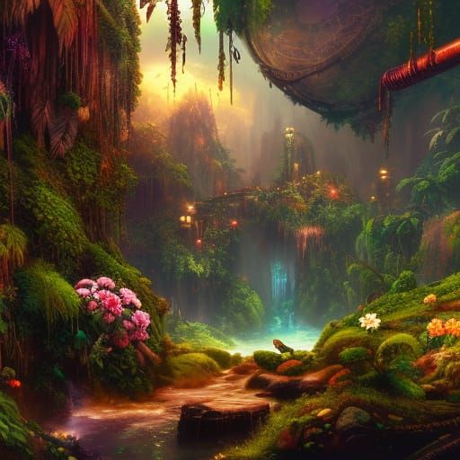 Steampunk Jungle Lagoon in Moonlight: Hyperdetailed Matte Pa...