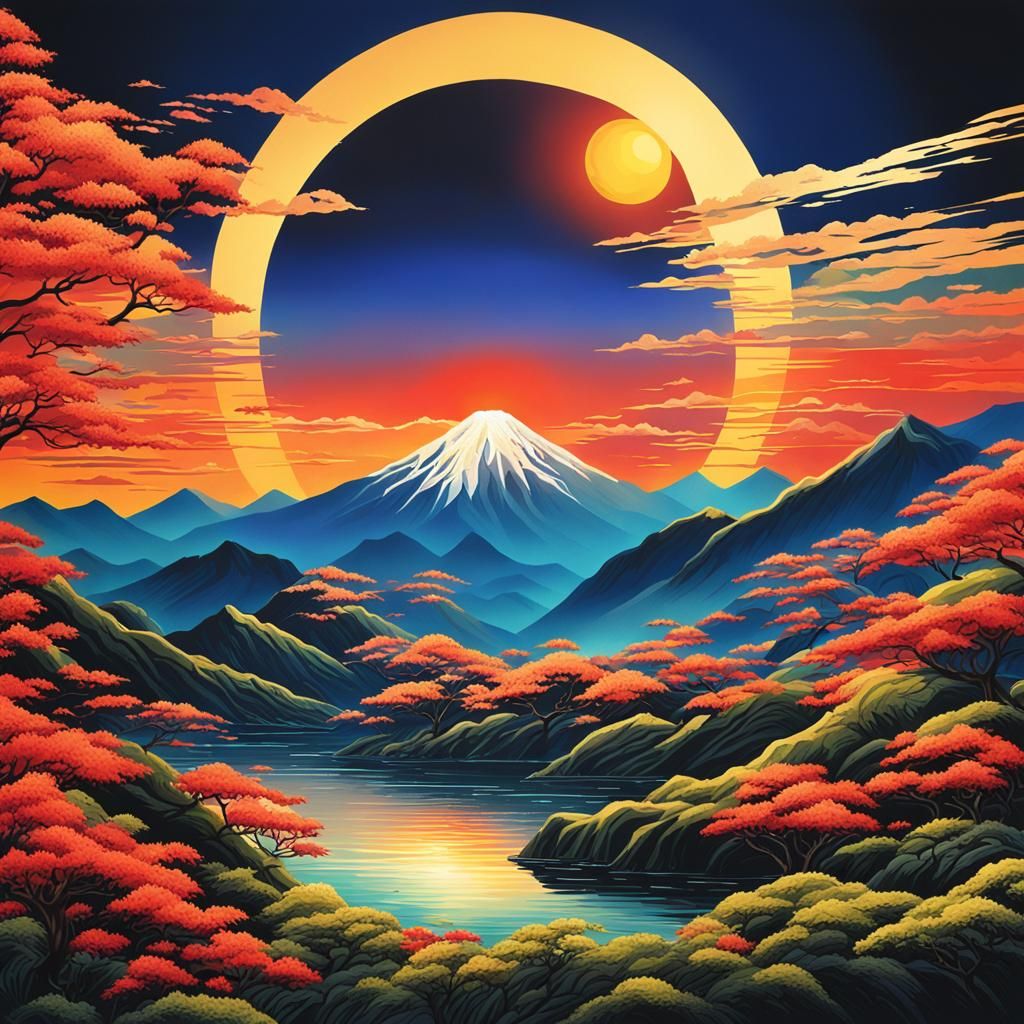 Landscape of Sun rising over mountains on the horizon, Japanese art style.