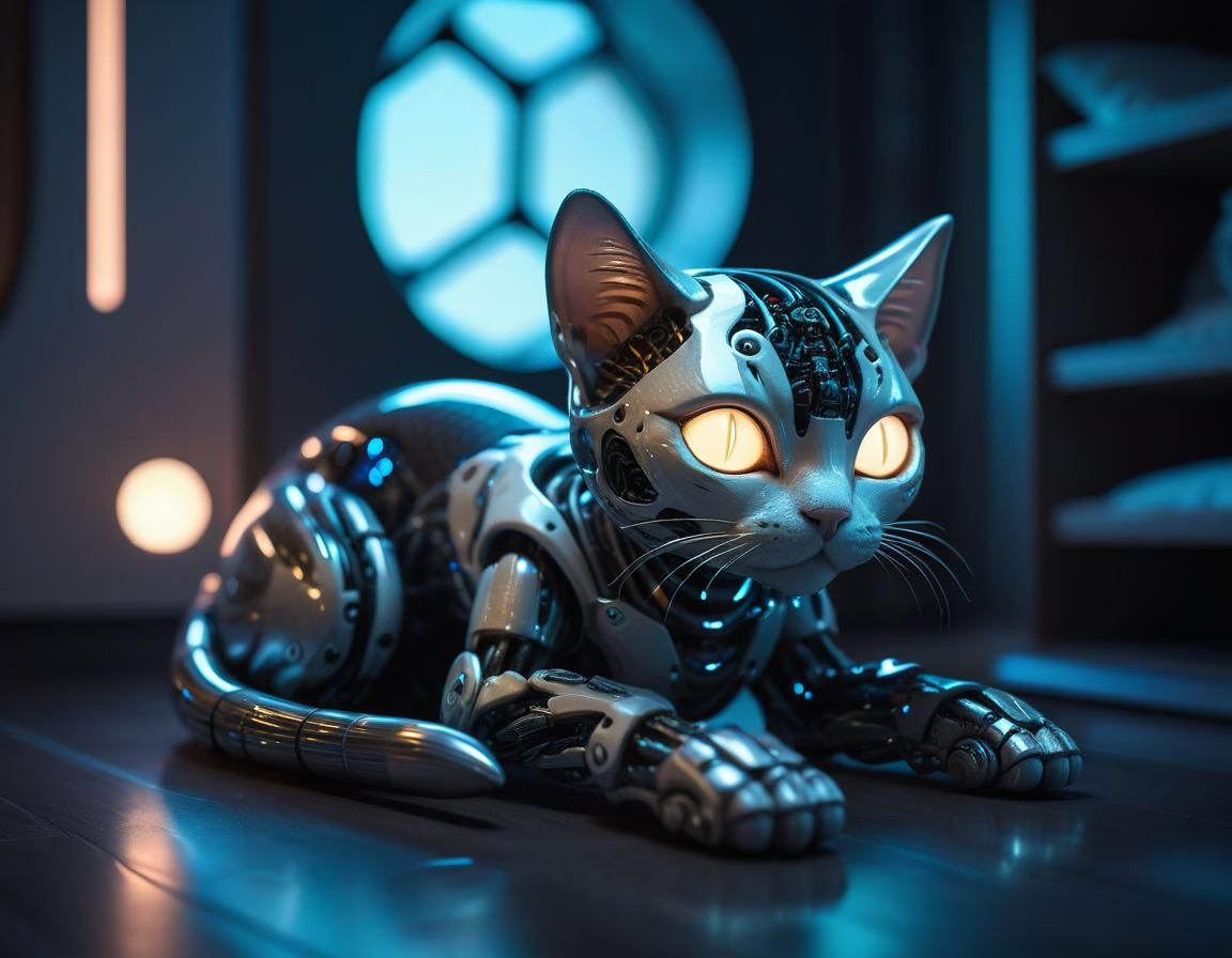 Sleeping Cyborg Cat in Utopian Bedroom