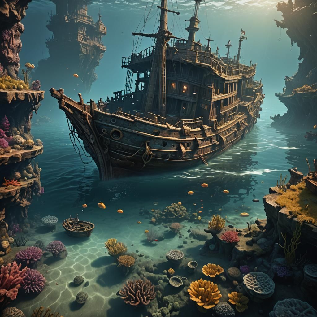 Sunken Ship: Detailed Matte Painting in Shallow Sea