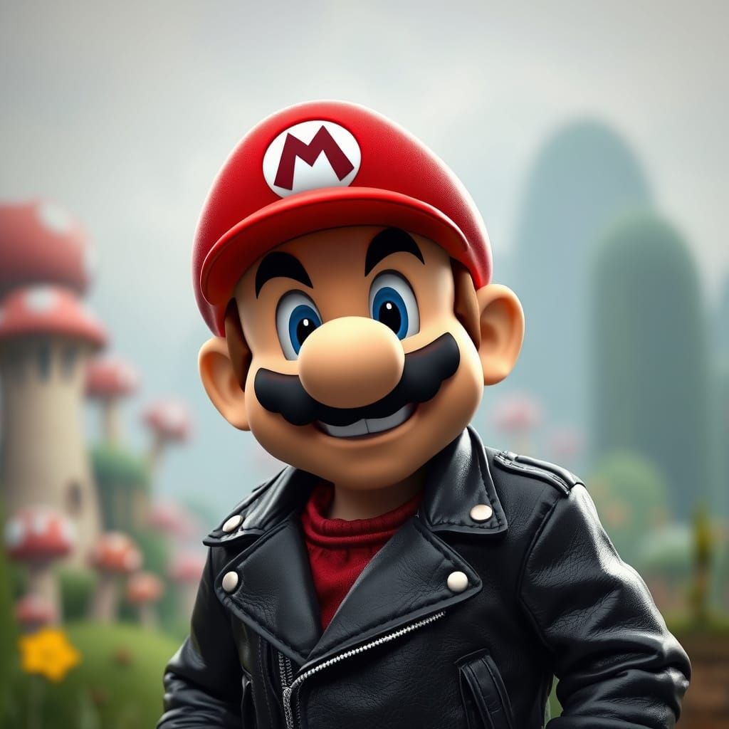 Super Mario as Biker with Silly Grin