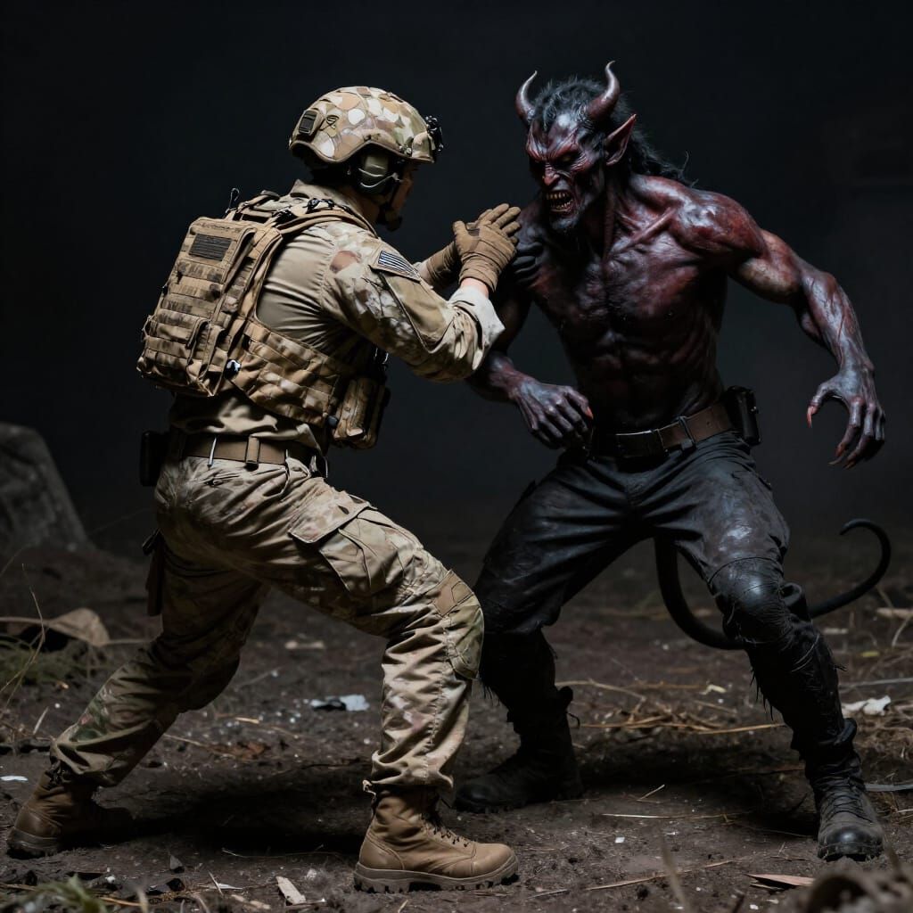 Soldier Battles Demon in Dark Combat Scene