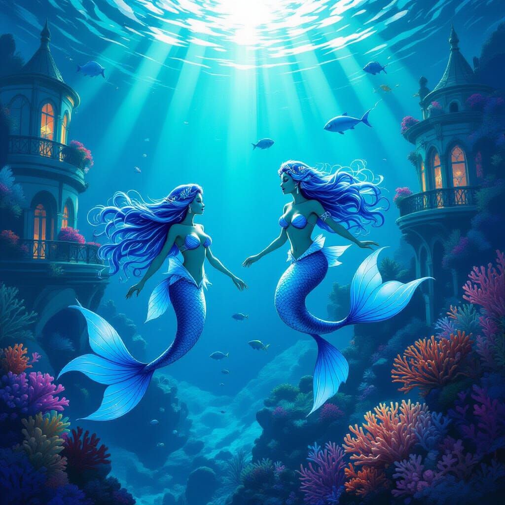 Merfolk City Beneath Waves in Frank Cho Style