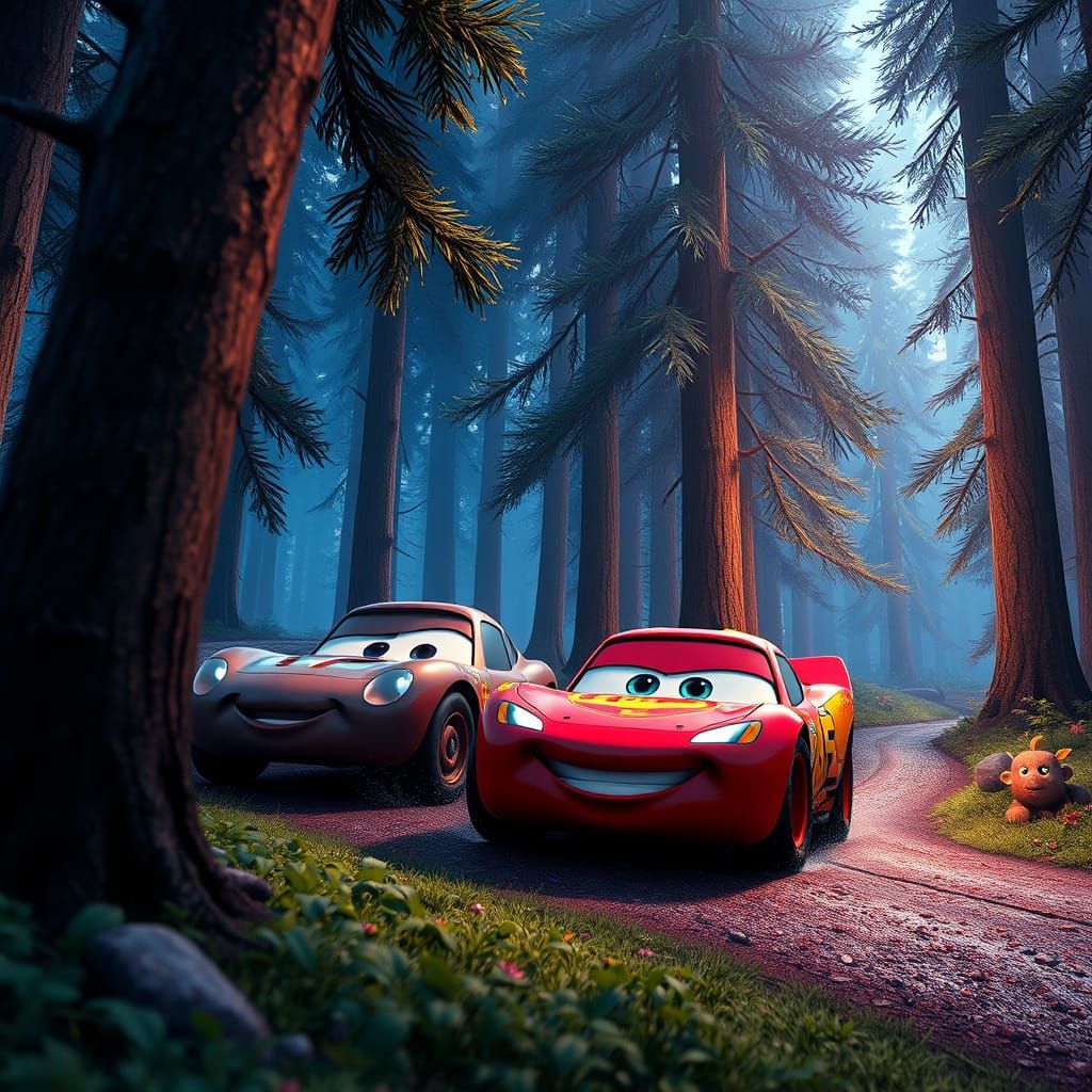 Fantastical Forest Racing Scene in Vivid Colors