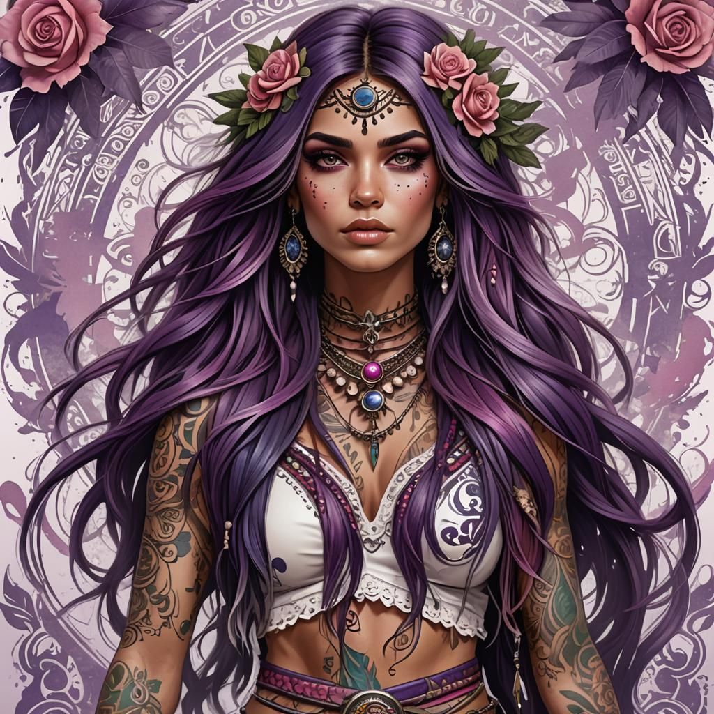 Boho Tattooed Woman in Digital Clipart Style